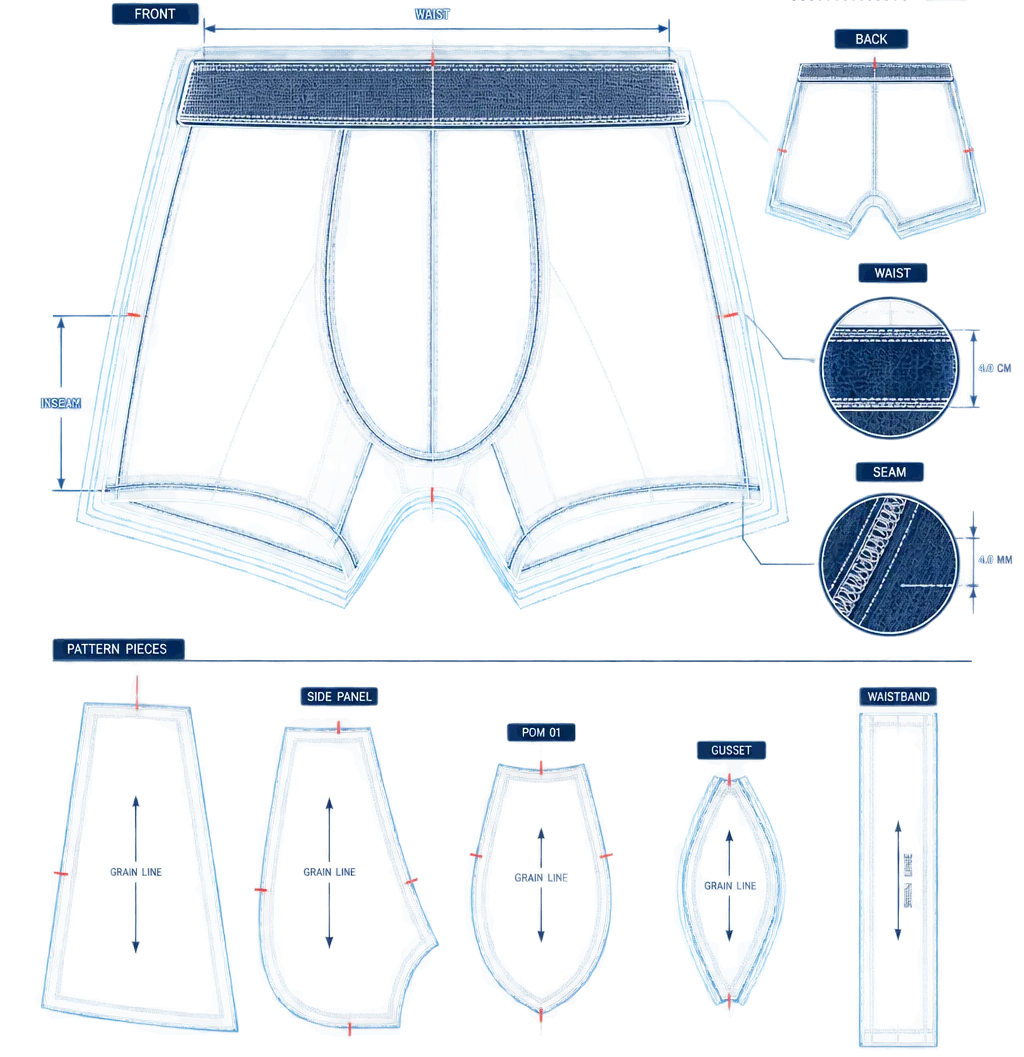 Industrial 2D technical drawing of men’s boxer briefs with graded pattern pieces and measurements